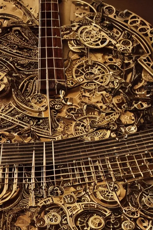 Prompt: an artistic representation of a fretboard, steampunk, intricate details