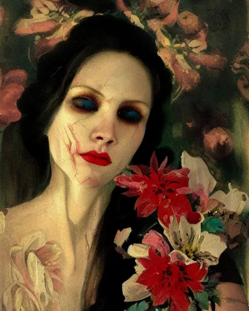 Image similar to a beautiful and eerie baroque painting of a beautiful but serious woman in layers of fear, in dead space, with haunted eyes and dark hair, 1 9 7 0 s, seventies, floral wallpaper, wilted flowers, a little blood, morning light showing injuries, delicate embellishments, painterly, offset printing technique, by robert henri, walter popp, alan lee