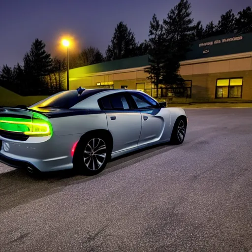 Image similar to a photo of a dodge charger county sheriff livery parked in an empty parking lot at night