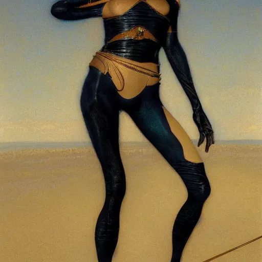 Image similar to masterpiece full body portrait of a beautiful Fremen woman with a perfect body on Dune, by Edgar Maxence and Ross Tran and Michael Whelan and Gustav Klimpt
