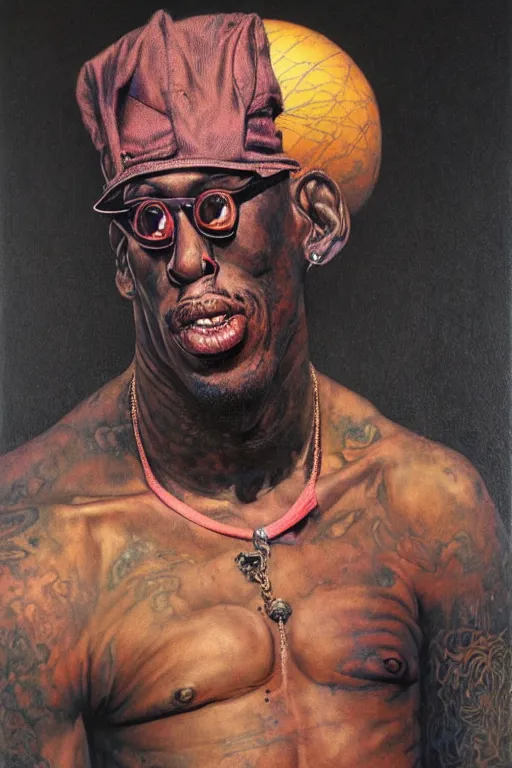 Prompt: portrait of dennis rodman in the style of wayne barlowe, gustav moreau, goward, bussiere, roberto ferri, santiago caruso, luis ricardo falero, austin osman spare