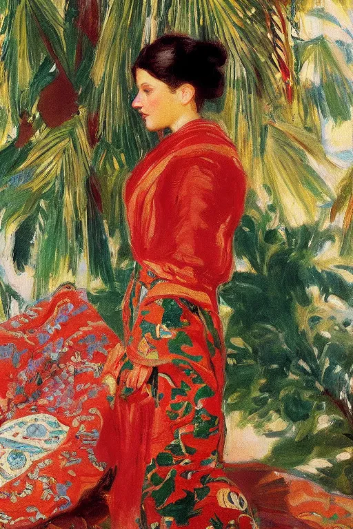 Prompt: a girl with arabesque red and green and golden detailed scarf on persian carpet, mexican palms in back, painting by john singer sargent