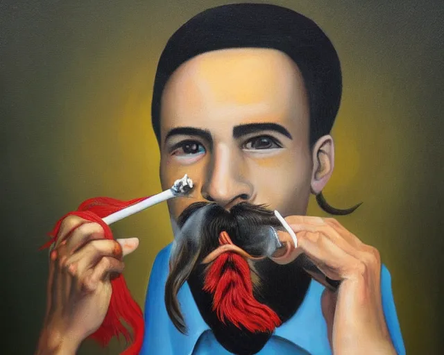 Image similar to a surreal painting of a young man with a fu manchu mustache smoking a joint