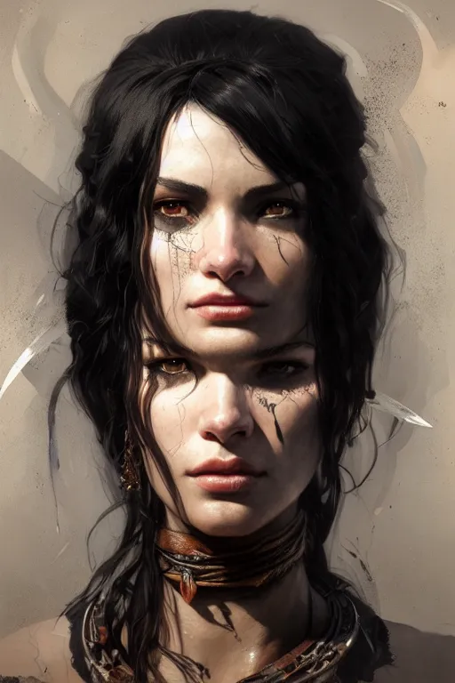 Image similar to portrait of a black haired woman in the style of god of war, rugged torn clothes, intricate, elegant, highly detailed, digital painting, artstation, concept art, smooth, sharp focus, illustration, art by artgerm and greg rutkowski and alphonse mucha, 8 k