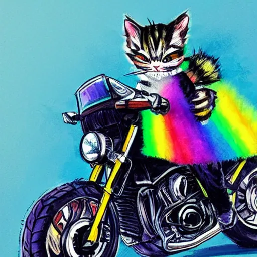 Image similar to wide angle full body, jacket wearing fluffy cute rainbow kitten wearing a black leather motorcycle jacket, riding on a motorcycle, cinematic concept art