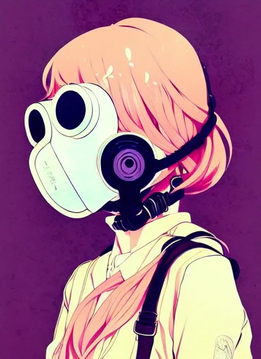 Image similar to singular girl with wearing gas mask, very anime!!! anime!! intricate details, aesthetically pleasing pastel colors, poster background, art by conrad roset and ilya kuvshinov