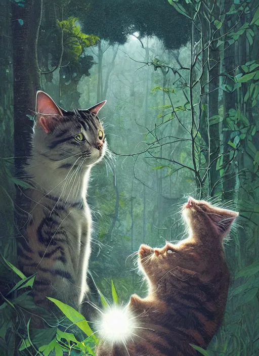 Image similar to a hyper realistic illustrated cat with happy lighting playing in the woods gorgeous lighting, sunbeams blue sky, lush forest foliage painting by chiara bautista and beksinski and norman rockwell and greg rutkowski weta studio, and lucasfilm