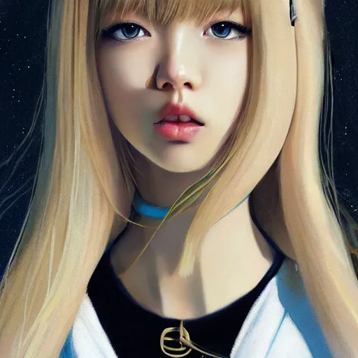 Image similar to realistic beautiful gorgeous natural cute Blackpink Lalisa Manoban blonde hair cute fur blonde cat ears wearing headphones wearing black leather choker in sweaters outfit golden eyes artwork drawn full HD 4K highest quality in artstyle by professional artists WLOP, Taejune Kim, Guweiz, ArtGerm on Artstation Pixiv