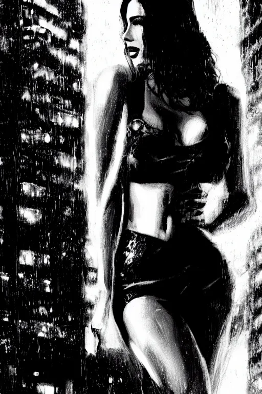 Image similar to film still from sin city, closeup portrait of film noir megan fox private detective, standing on a blade runner street corner, detailed illustration, digital art, trending on artstation, frank miller, martin ansin, movie poster,