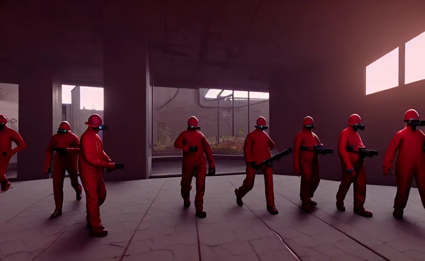 Image similar to in-game screenshot of a group of dark red hazmat scientists holding guns walking on unreal engine 5, in a liminal underground garden, photorealistic, retrofuturism, brutalism, staggered terraces, minimalist, soft vintage glow