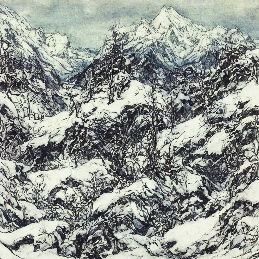 Prompt: Alps landscape in winter, by Arthur Rackham