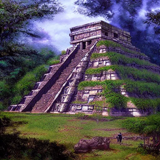 Prompt: a lost mayan jungle temple, by James Gurney