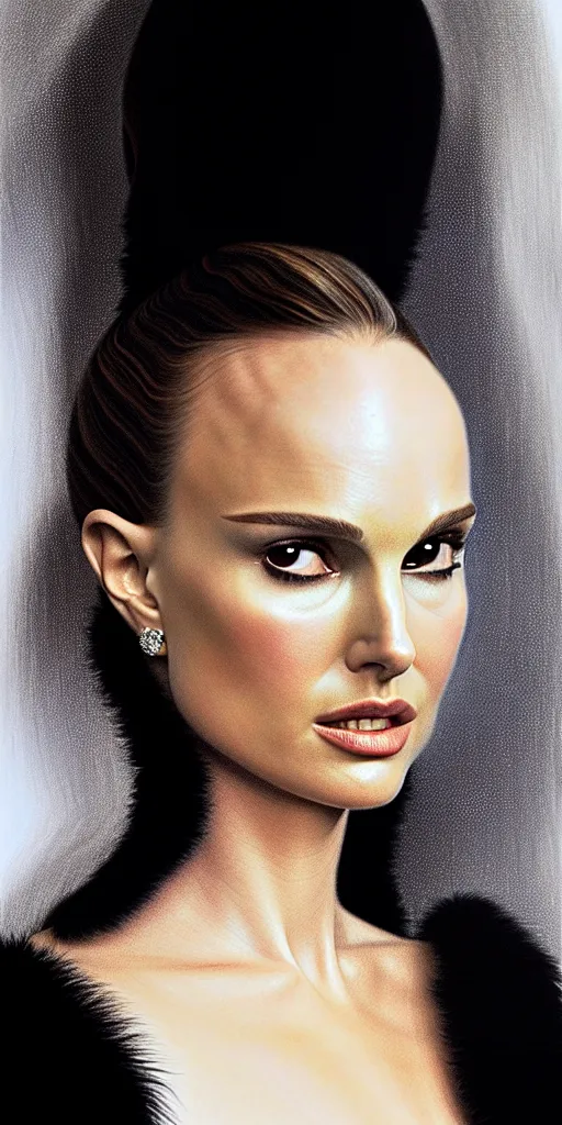 Image similar to Natalie Portman, wearing an evening gown, alexander mcqueen couture, very detailed portrait, ultrarealistic, dramatic lighting, electrical details, high details, 4k, 8k, best, accurate, trending on artstation, fur, artstation, photorealism, ultrarealistic, digital painting, style of Dali, Caravaggio, Boris Vallejo