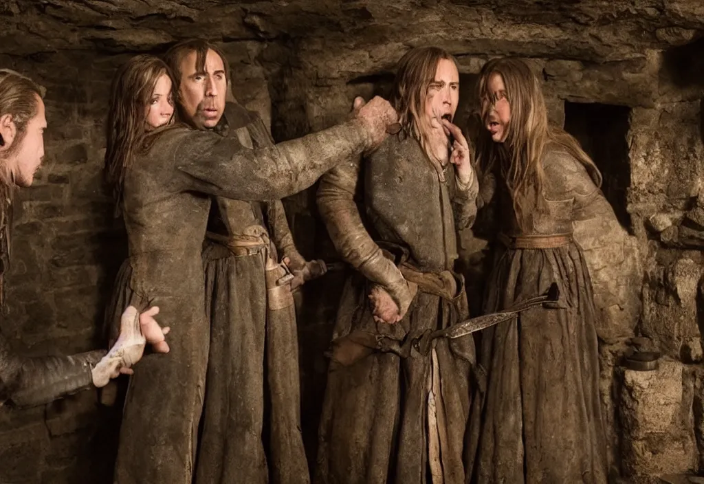 Prompt: photography emma watsons fight with nicholas cage in a medieval wine cellar detailed matte painting, cinematic