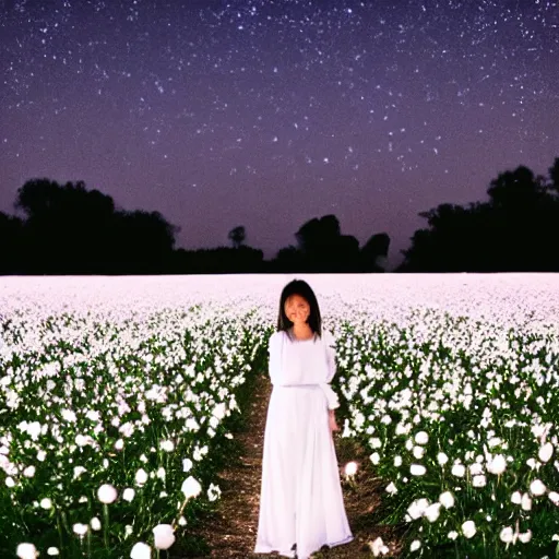 Prompt: a woman dressed in white, standing in an infinite field of white roses, petals in the breeze, fireflies glowing, vivid lighting, professional photography, distance shot, afternoon lighting