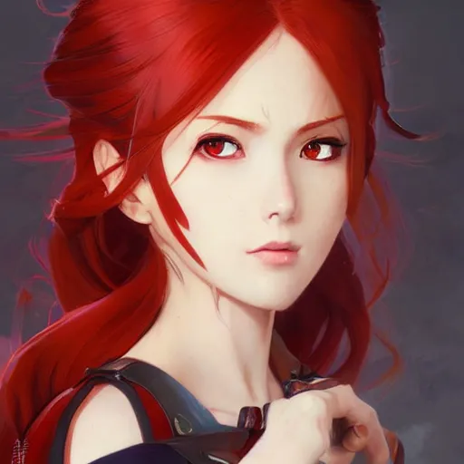 Image similar to a cool red - bun - haired anime girl. she is dressed as a superhero. clean elegant painting, beautiful detailed face. by artgerm and greg rutkowski and alphonse mucha