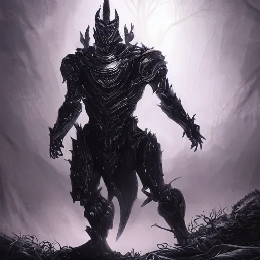 Prompt: extremely detailed artwork of an armored dark figure in a dark evil forest, super sayan, glowing hands, Sauron, Ultron, speedster, fantasy art, fog, heavy armor, knights armor, cinematic pose, pose