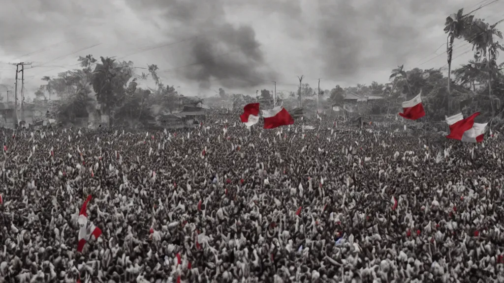 Image similar to A shot from a Films about the Indonesian National Revolution, infared photography, 8K, film render, extremely detailed, rendered in Octane