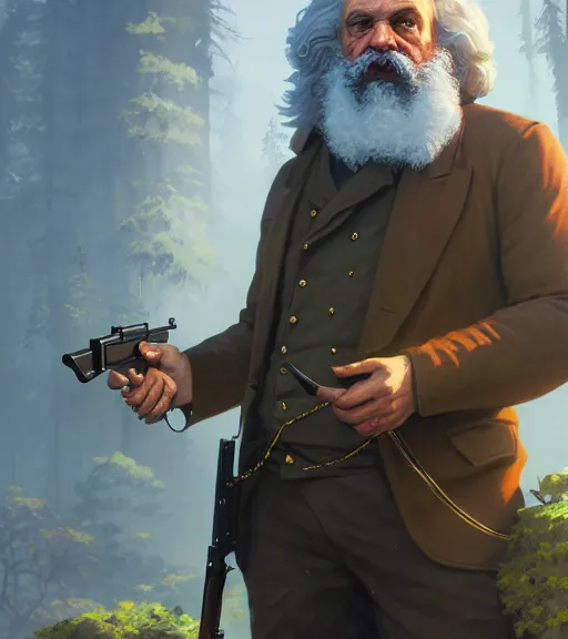 Image similar to highly detailed portrait karl marx with a rifle in gta v, stephen bliss, unreal engine, fantasy art by greg rutkowski, loish, rhads, ferdinand knab, makoto shinkai and lois van baarle, ilya kuvshinov, rossdraws, tom bagshaw, global illumination, radiant light, detailed and intricate environment