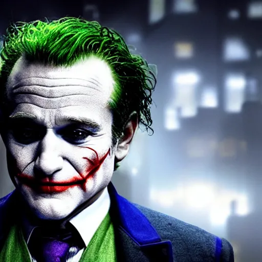 Image similar to stunning awe inspiring ( robin williams ) as the joker 8 k hdr movie still atmospheric lighting