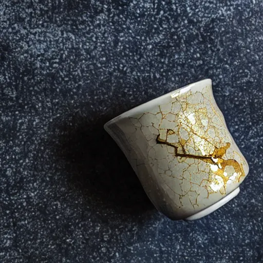 Image similar to photo of a cracked ceramic cup repaired with gold, kintsugi, beautiful, cinematic, high detail,