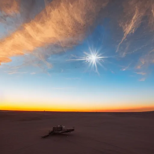Prompt: old space station on epic cinematic still photography of sun glowing on the dessert during sunset