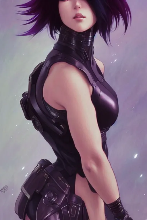 Image similar to beautiful motoko kusanagi, dark fantasy, intricate, elegant, highly detailed, digital painting, artstation, concept art, matte, sharp focus, illustration, art by artgerm and alphonse mucha