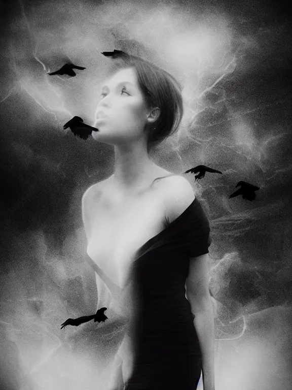 Image similar to portrait of iconic beautiful woman in sophisticated black dress keeping in hands white birds that flying apart turning to smoke and fire and dust. 35mm double-exposure photo, thick fog, daylight, deep shadows, depth of field, cinematic lightning, wide angel, eerie atmosphere, motion blur, HD, smooth and very detailed quality, masterpiece, volumetric lightning, chromatic aberration, Richard Avedon, style of Ade Santora, Tatiana Gorilovsky, cinematic composition, occult, german expressionism, masterpiece, intricate detailed, deep rich palette, wide angel shot