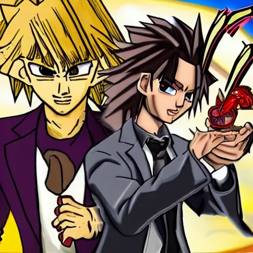 Image similar to Saul Goodman duels Yugi Moto, Yu-Gi-Oh, anime, highly detailed