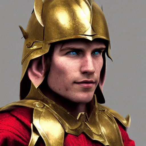 Image similar to a head and shoulders action portrait photo of an elf paladin