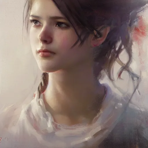 Prompt: Richard Schmid and Jeremy Lipking full length portrait painting of Aerith from Final Fantasy