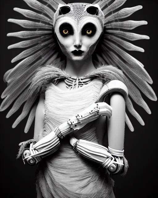 Image similar to surreal mythical dreamy dark artistic black and white fine art 3 / 4 fashion portrait photo of a young beautiful delicate female robot - witch - owl with orchid - doll face, rim light, cinematic, studio dramatic light, poetic, masterpiece, octane render, 8 k, photo - realistic by gustave dore hg giger