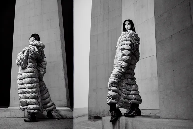 Image similar to well lit fashion shoot portrait of extremely beautiful female marble statue wearing huge over size puffer jacket by dingyun zhang, yeezy, balenciaga, vetements, a cold wall, sharp focus, clear, detailed,, cinematic, detailed, off white, glamourous, symmetrical, vogue, editorial, fashion, magazine shoot, glossy