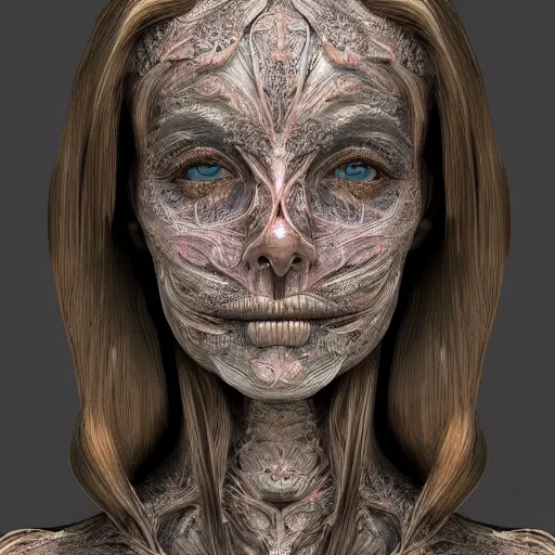 Image similar to beatifull frontal face portrait of a woman, 150 mm, anatomical, flesh, flowers, mandelbrot fractal, facial muscles, veins, arteries, symmetric, intricate, golden ratio, full frame, microscopic, elegant, highly detailed, ornate, ornament, sculpture, elegant , luxury, beautifully lit, ray trace, octane render in the style of peter Gric , alex grey and Romero Ressendi