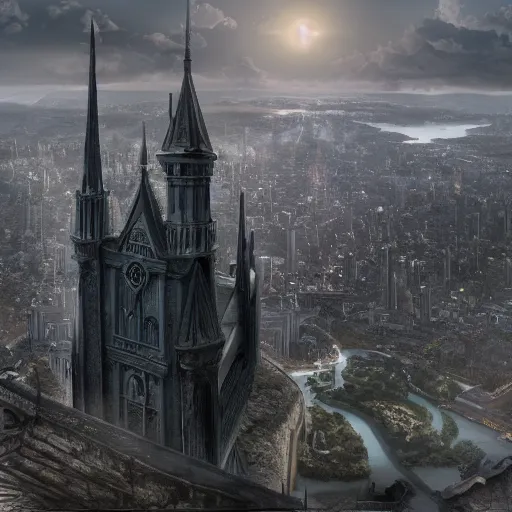 Image similar to an ultra detailed matte painting of the one impossibly tall ominous black spire in the palace district on an island in a river elevated high above the city fortress tower, fantasy capital city, ultrawide lense, aerial photography, volumetric lighting, exquisite detail, octane render, 8 k postprocessing, art by artgerm and greg rutkowski and alphonse mucha