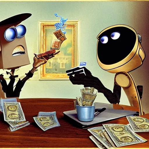 Prompt: Wall-e and Salvador Dali smoking cigars and counting money