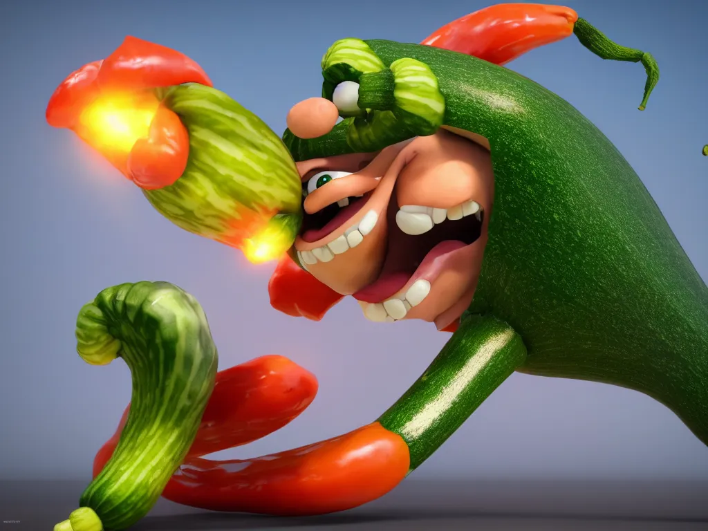 Prompt: detailed 3 d render of a raging zucchini!! character chasing!! down a desperate tomato!, high speed action, explosions, dramatic scene, hyper realistic octane render, cinematic lighting, deviantart, black sky, lowbrow, frame from pixar movie