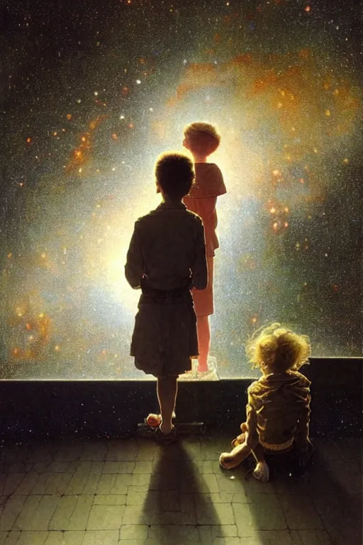 Prompt: a 5 year old boy and 1 2 year old girl looking at a wall and viewing the universe full of galaxies, part by norman rockwell, part by greg rutkowski, part by mattias adolfsson, high angle, ( ( ( ( volumetric lighting ) ) ) ), oil on canvas