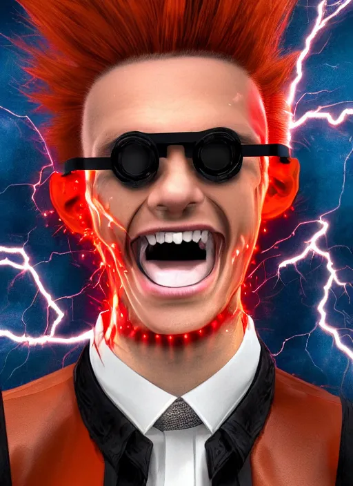 Prompt: photorealistic young man with red spiked long hair, using an orange lens googles. Wearing white shirt, a black waistcoat. He is with a vicious smile in face. dynamic lightning.