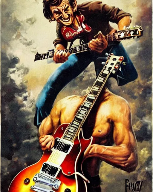 Image similar to barry chuckle ripping a solo on a Gibson Les Paul, heavy metal artwork by Frank Frazetta