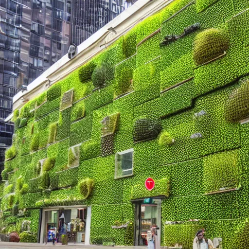 Prompt: the beehive, wellington covered in a living wall by patrick blanc