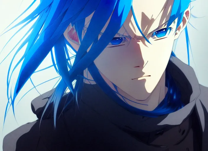 Image similar to a anime portrait of a man with flaming blue hair, blue eyes, finely detailed features, sharp focus, perfect art, scenic background, intricate, anime, illustration, artstation, trending on pixiv fanbox, painted by greg rutkowski, studio ghibli, yoji shinkawa, hayao miyazaki,