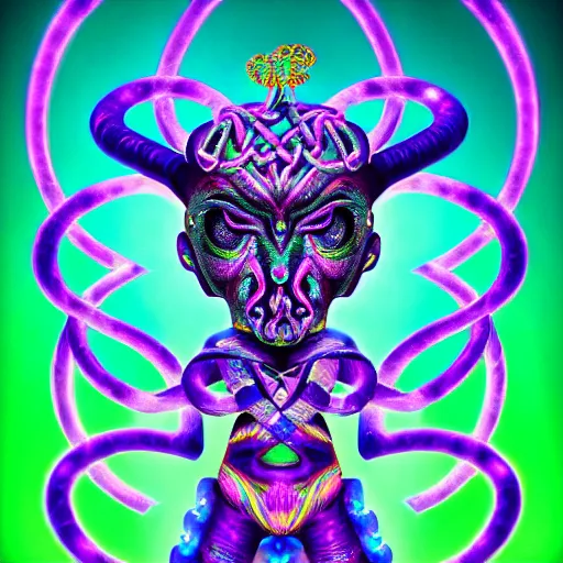 Prompt: a detailed digital art of a celtic knot oni abe vigoda extraterrestrial wearing a raver outfit by lisa frank and cicely mary barker, taiyo matsumoto, myst, beeple, cgsociety, crisp, low angle shot