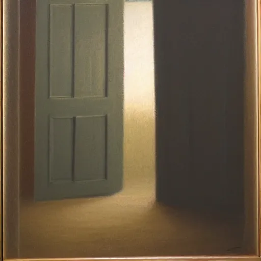 Prompt: a pastel painting of a silhouette person standing at the door of a dark room