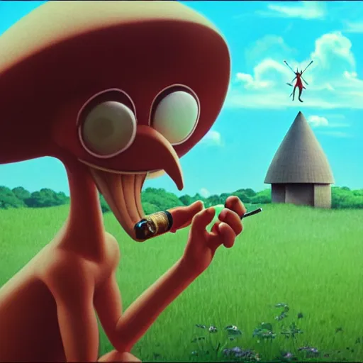 Prompt: shoulder up Portrait of a hyper realistic Anthropomorphic grasshopper smoking an anime cigarette, mushroom hut in background , cel animation by Tokyo Movie Shinsha and Greg rutkowski, post-processing , IMAX , vibrant colors , award-winning masterpiece 20 years in the making