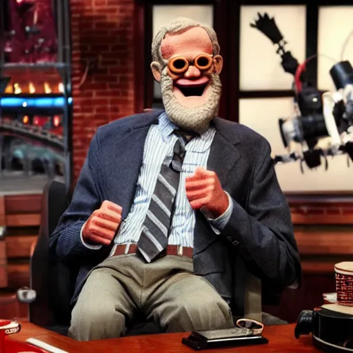 Prompt: animatronic David Letterman, exposed mechanics, photo, Stan Winston studios, detailed, 4k