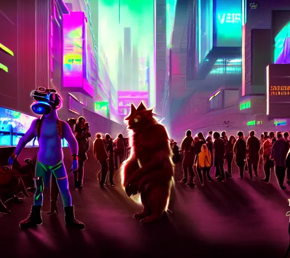 Image similar to high - resolution photograph from a cyberpunk era furry fandom convention ( midwest furfest 2 0 4 7 ), taking place after the genetic revolution and singularity. photorealistic.