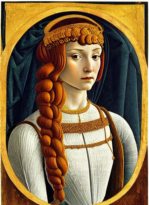 Image similar to portrait of young woman in renaissance dress and renaissance headdress, art by sandro botticelli