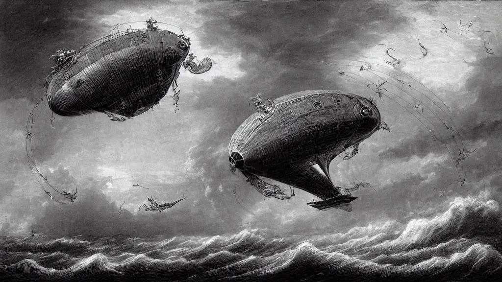Prompt: drawing of one giant steampunk zeppelin flying above a stormy ocean, by gustave dore, nineteenth century, black and white, vintage, science fiction, epic composition, dramatic lighting, highly detailed, cinematic