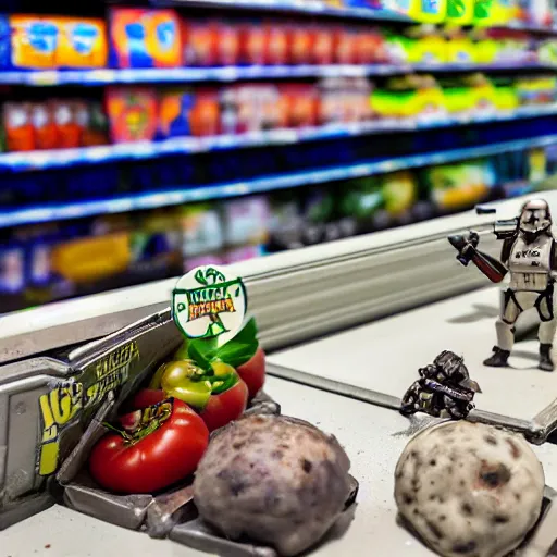 Image similar to Walmart Grocery Store Inside, Cam view, star wars troops are having a ground battle in the store, using tomatoes, banana as weapons by the star wars troopers against star wars troopers, 40nm lens, shallow depth of field, split lighting, 4k,